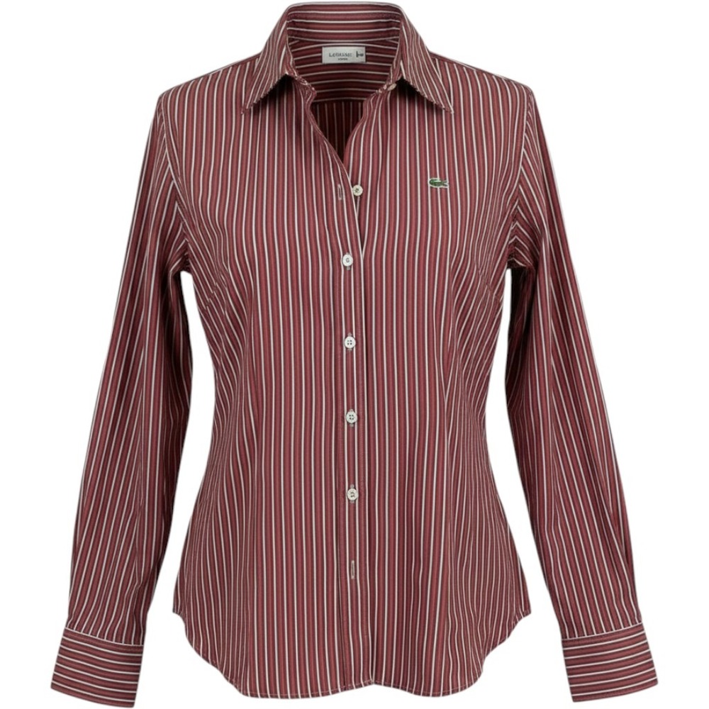 Preppy Lacoste Button Up Top  Earth Tone Brown & Pink Vertical Stripes Size 38 M